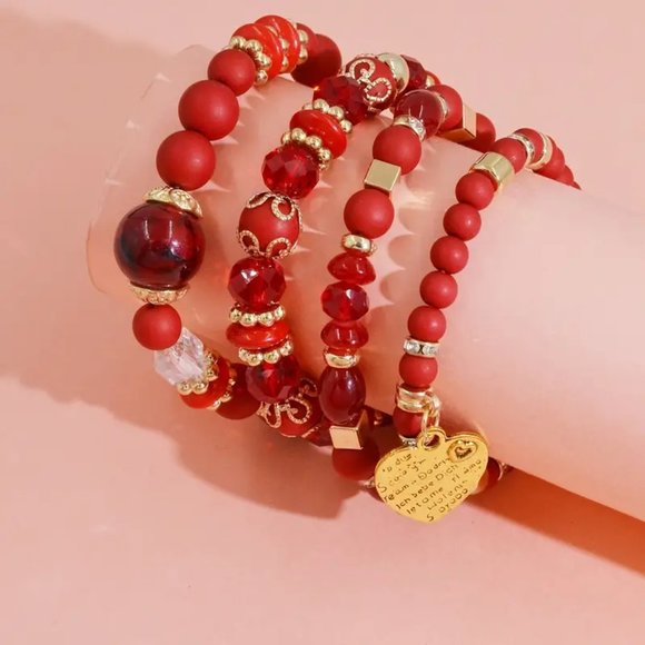 New 4pc Red Stone Boho Bracelet Set - Picture 8 of 17
